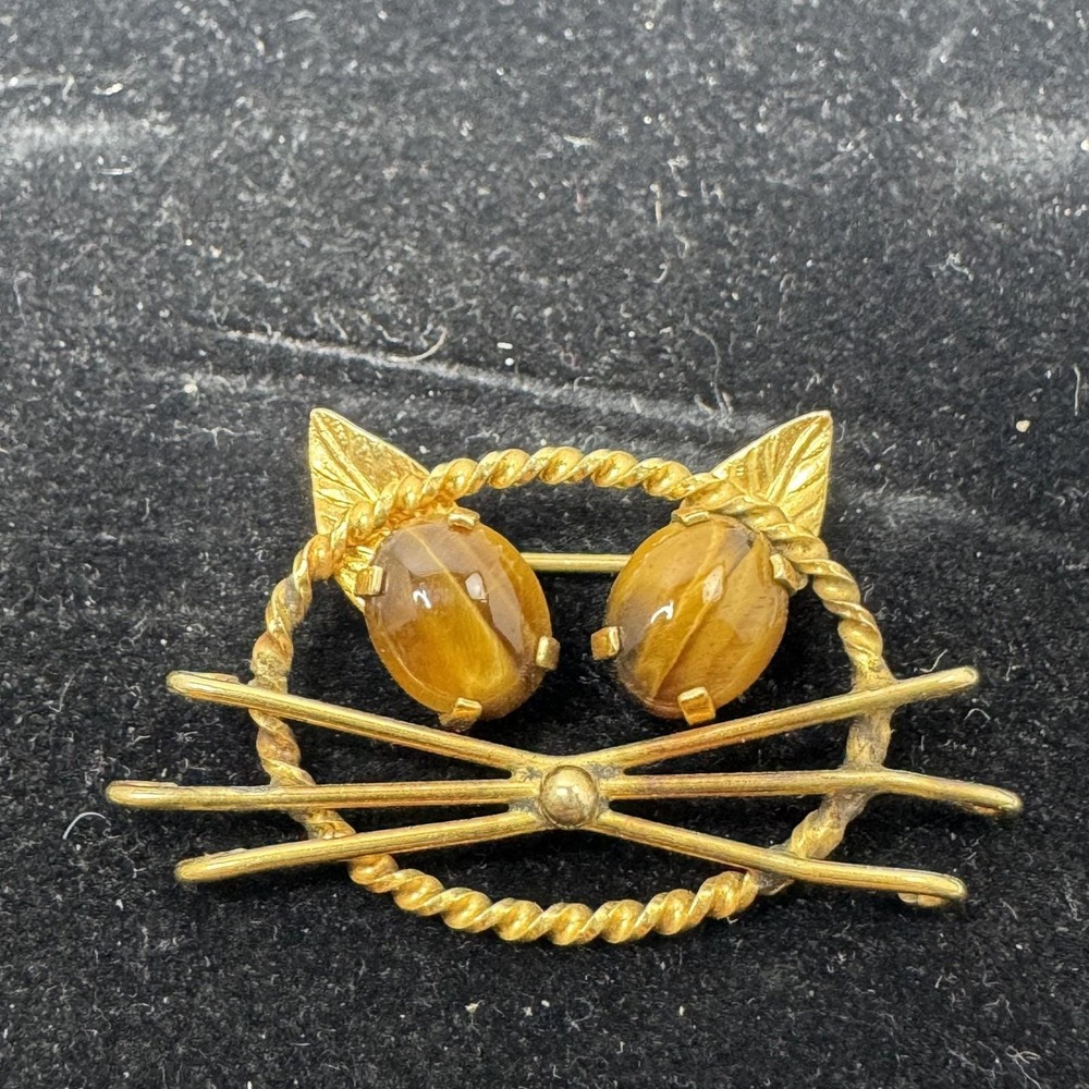 Vintage ZINNARD 12K GF Gold Filled Cat Brooch Pin Tiger Eye Gemstone Eyes